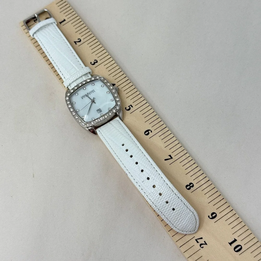 Joan Rivers Classics Watch WORKS White Leather Rhinestone Bezel‎ Date Quartz